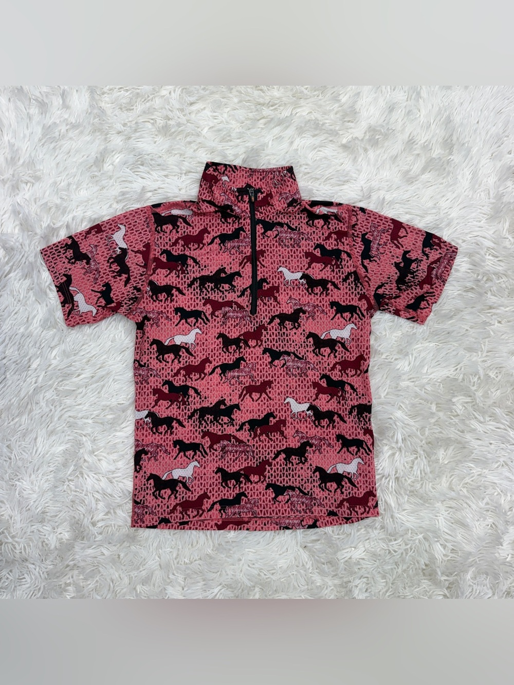 Child’s Small Red Horse Pattern Kerrits Short Sleeve Horseback Riding Sunshirt